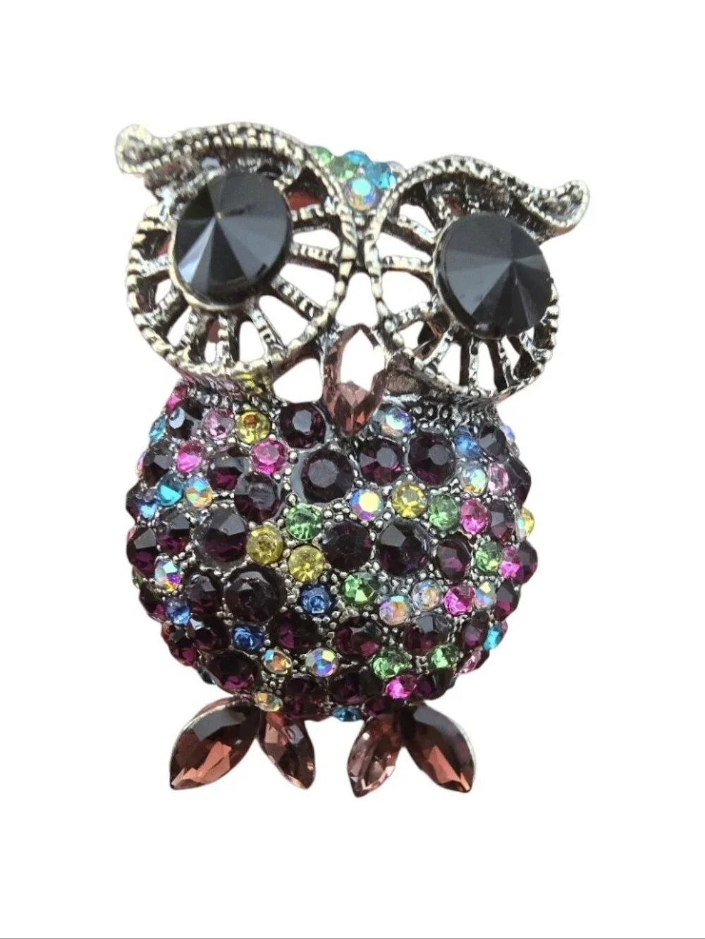 Vintage Style Multicolor Crystal Owl Brooch Pin In EUC